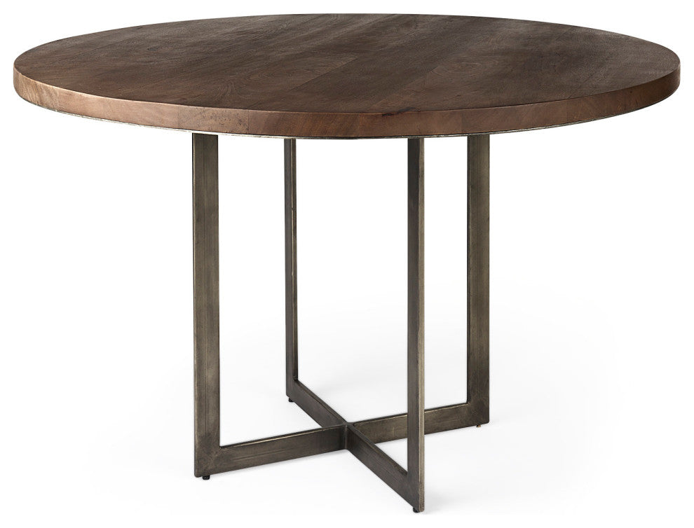 Faye I Medium Brown Wood With Metal Base Round Dining Table