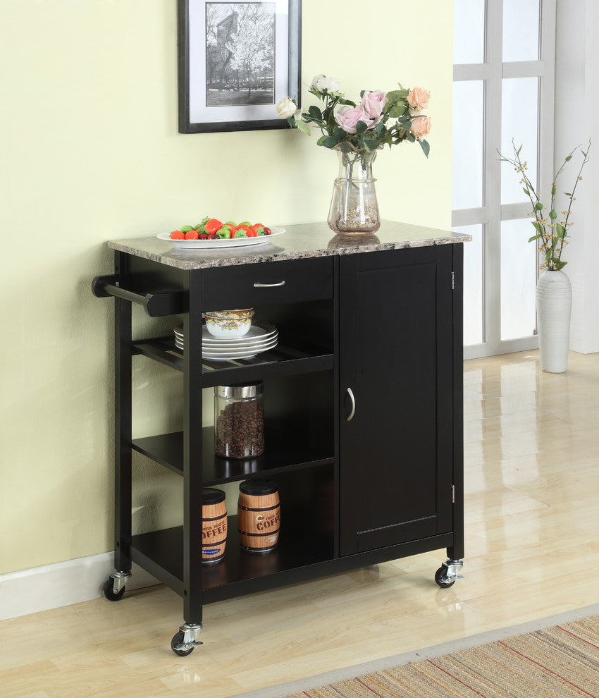 Charlotte Wood and Marble Kitchen Storage Cart, Black