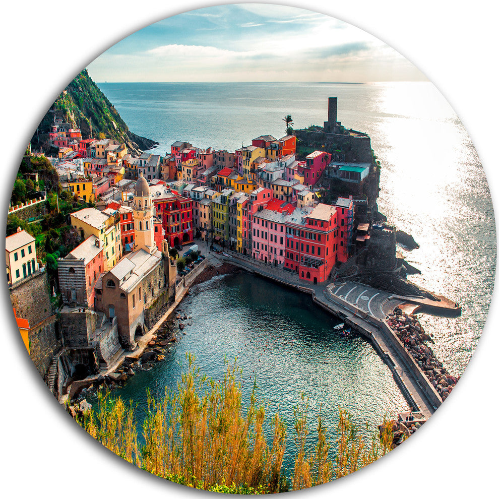 Vernazza Bay Aerial View, Seascape Disc Metal Wall Art, 36"