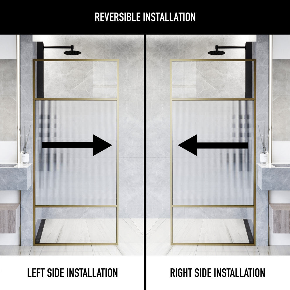 VIGO Essex 34" W x 74" H Framed Fixed Shower Screen with Fluted Glass, Matte Brushed Gold