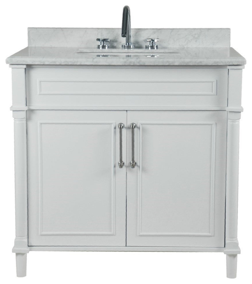 36" Single Vanity, White With White Carrara Marble Top