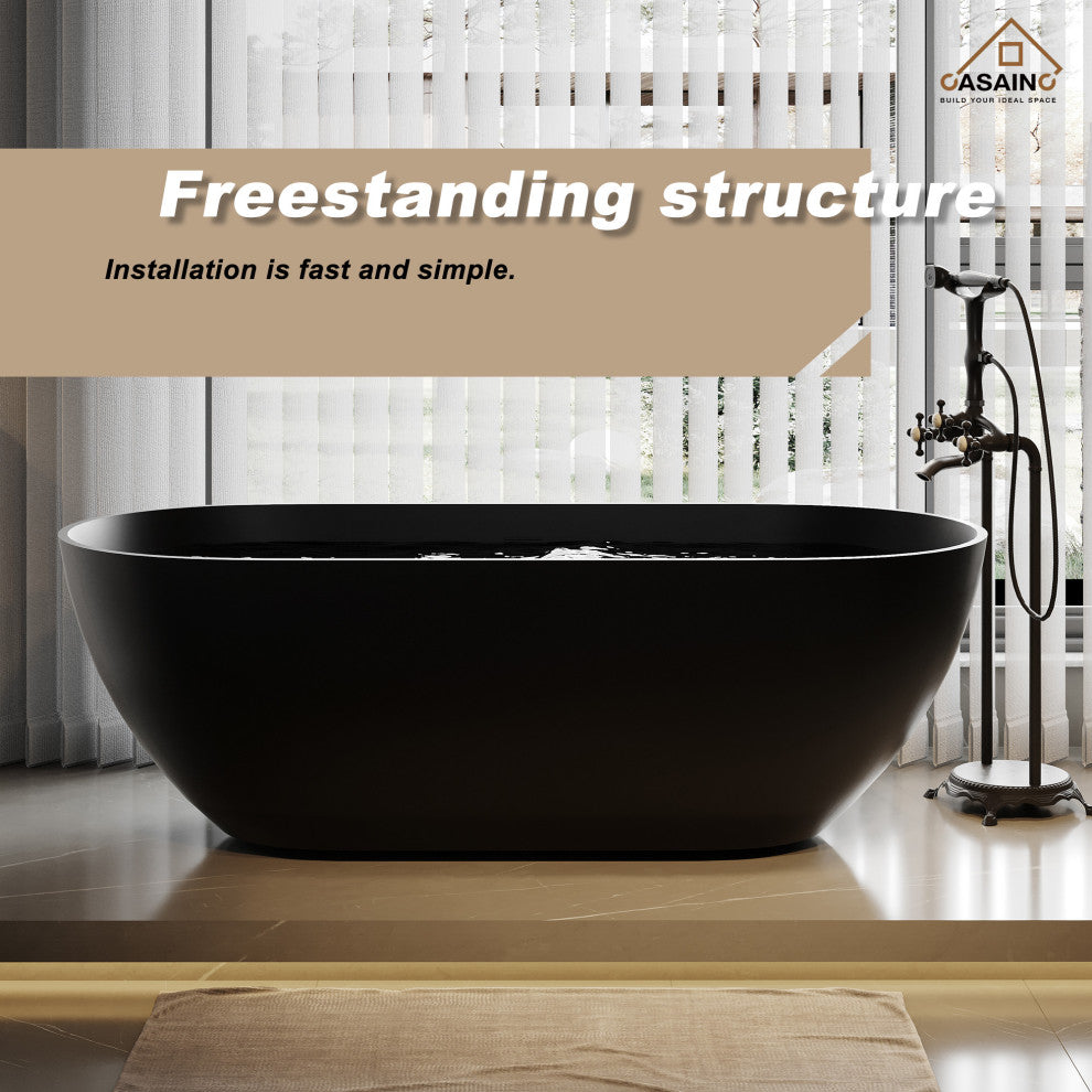 59in Solid Surface Freestanding Bathtub in Matte Black, 69in