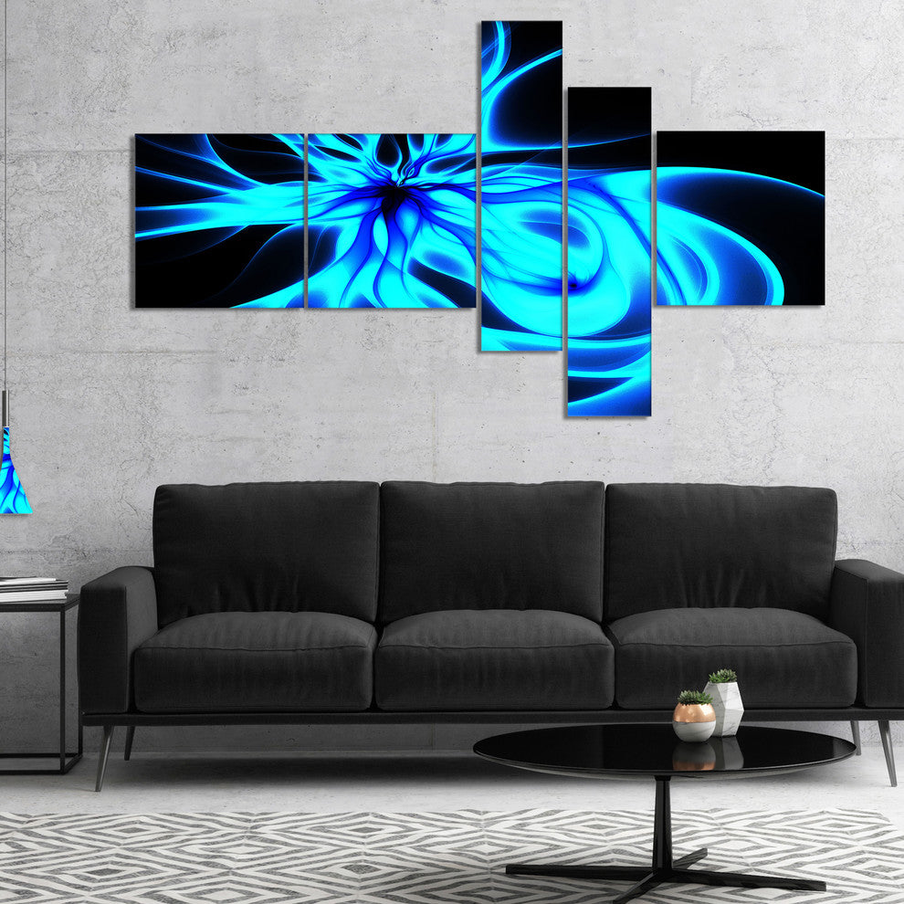 Glowing Blue Symmetrical Flower, Abstract Canvas Art Print, 60"x32", 5 panels