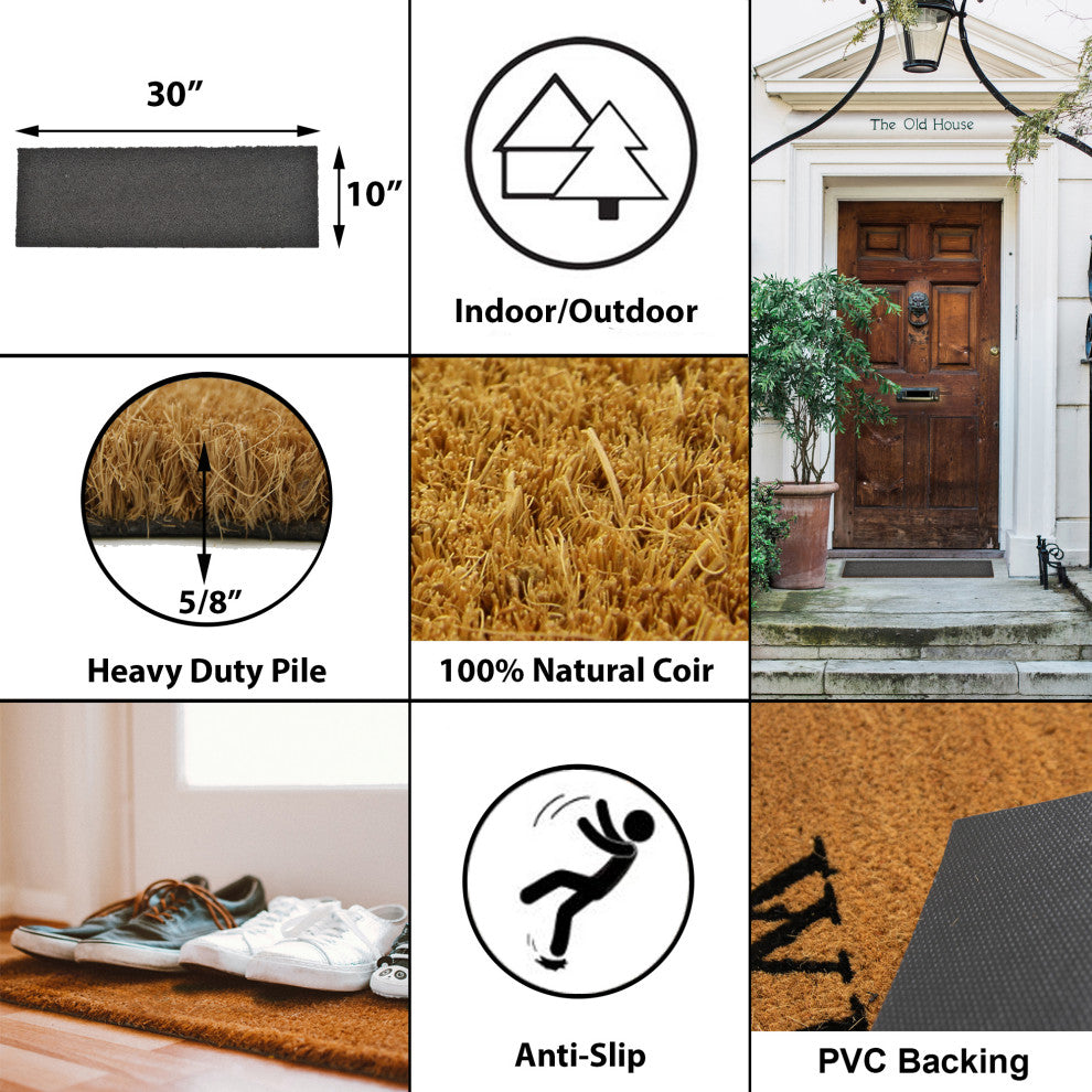 Sheltered Long Front Door Mat Coir Coco Fibers Rug 30x10, Gray