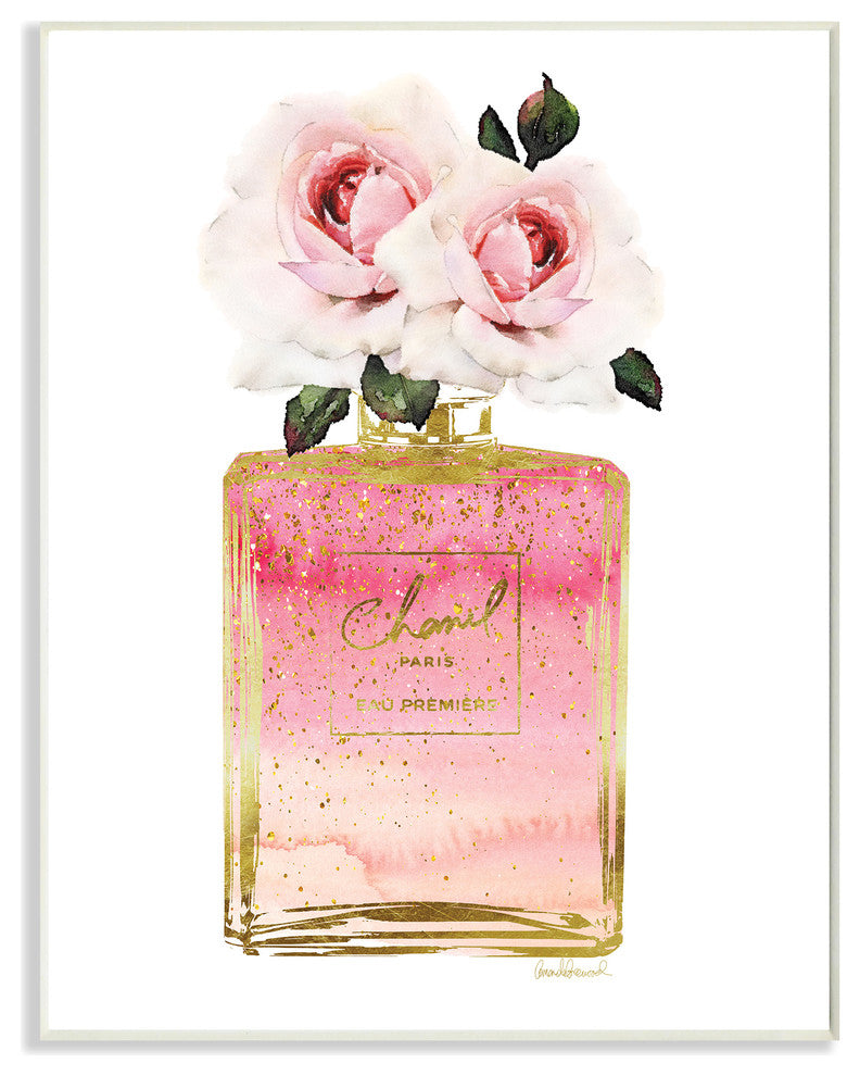 Pink and Gold Ombre Perfume Bottle With Roses, Wood Wall Art, 10"x15"