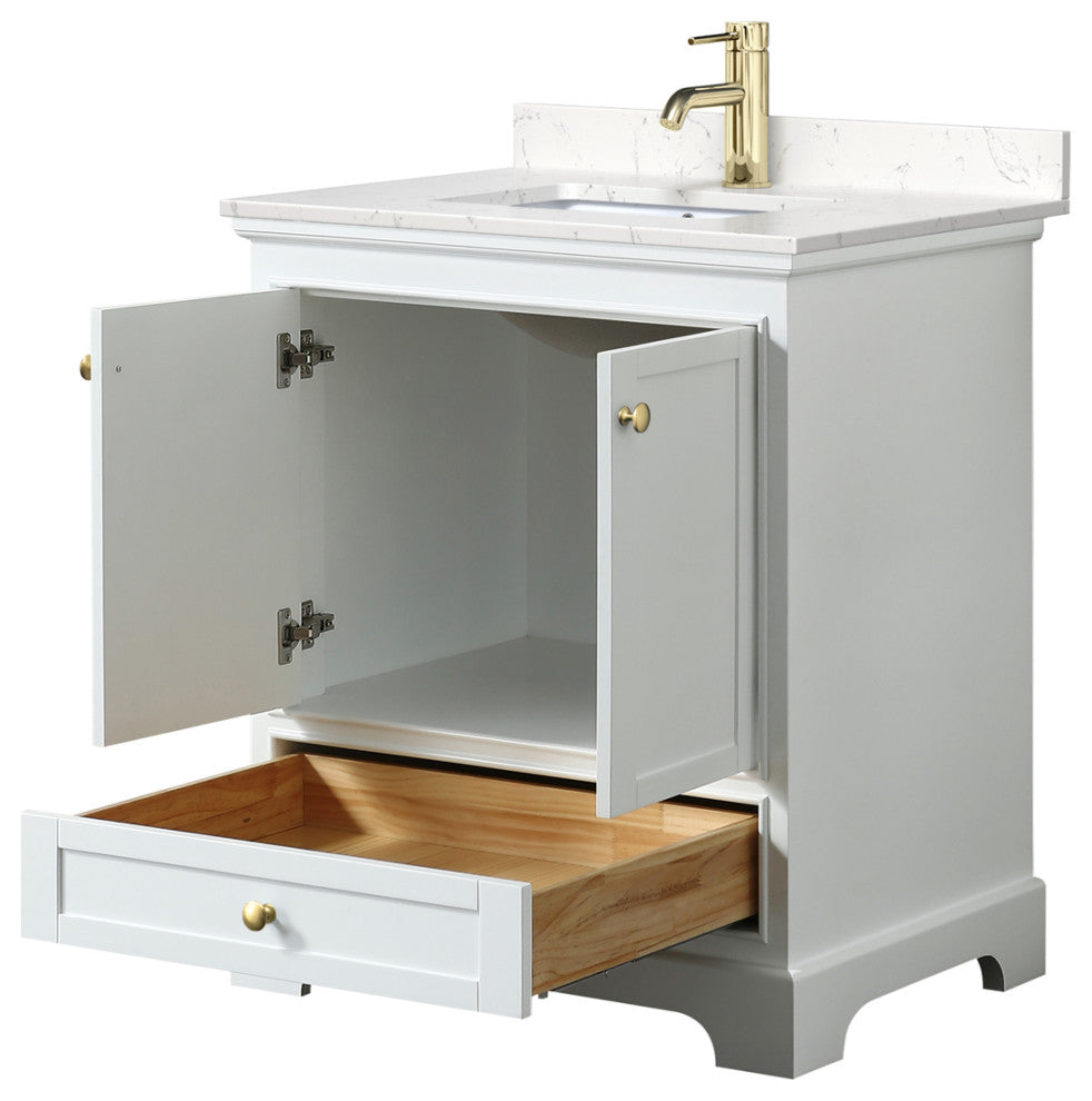 30" Single Bath Vanity White, Carrara Cult. Marble Countertop, Sink, Gold Trim