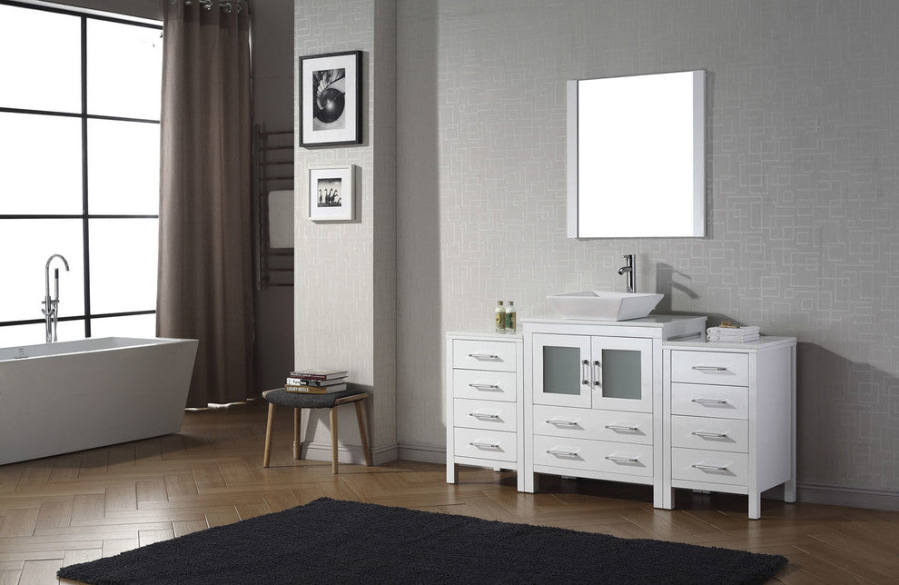 Virtu Dior 66" Single Bathroom Vanity, White With White Top, Faucet and Mirror