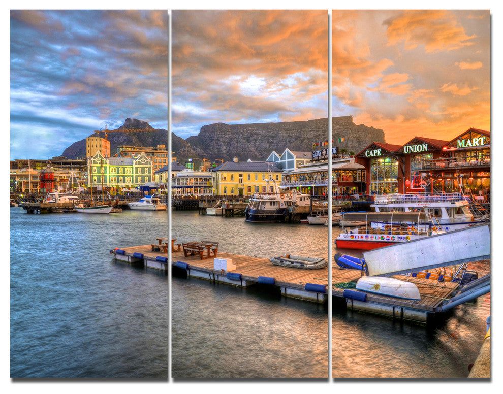 Cape Town Waterfront at Sunset, Modern Landscape Canvas Art, 36x28, 3 Panels