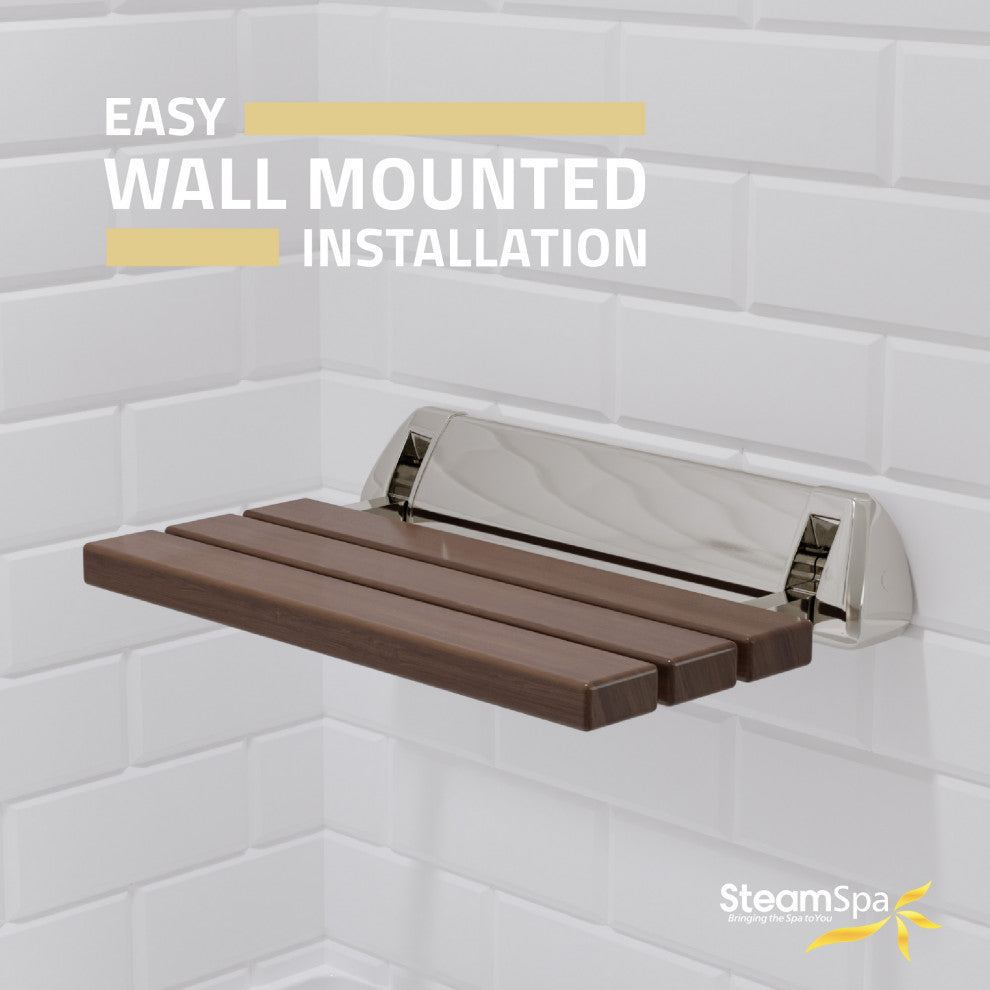 SteamSpa Teak Wall-mounted Folding Shower Seat in Brushed Nickel Trim 20 in.