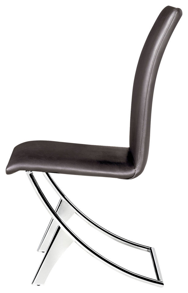 Dining Chair, Set of 2, Faux Vinyl Leather, Steel, Brown Black, Chrome, Cafe