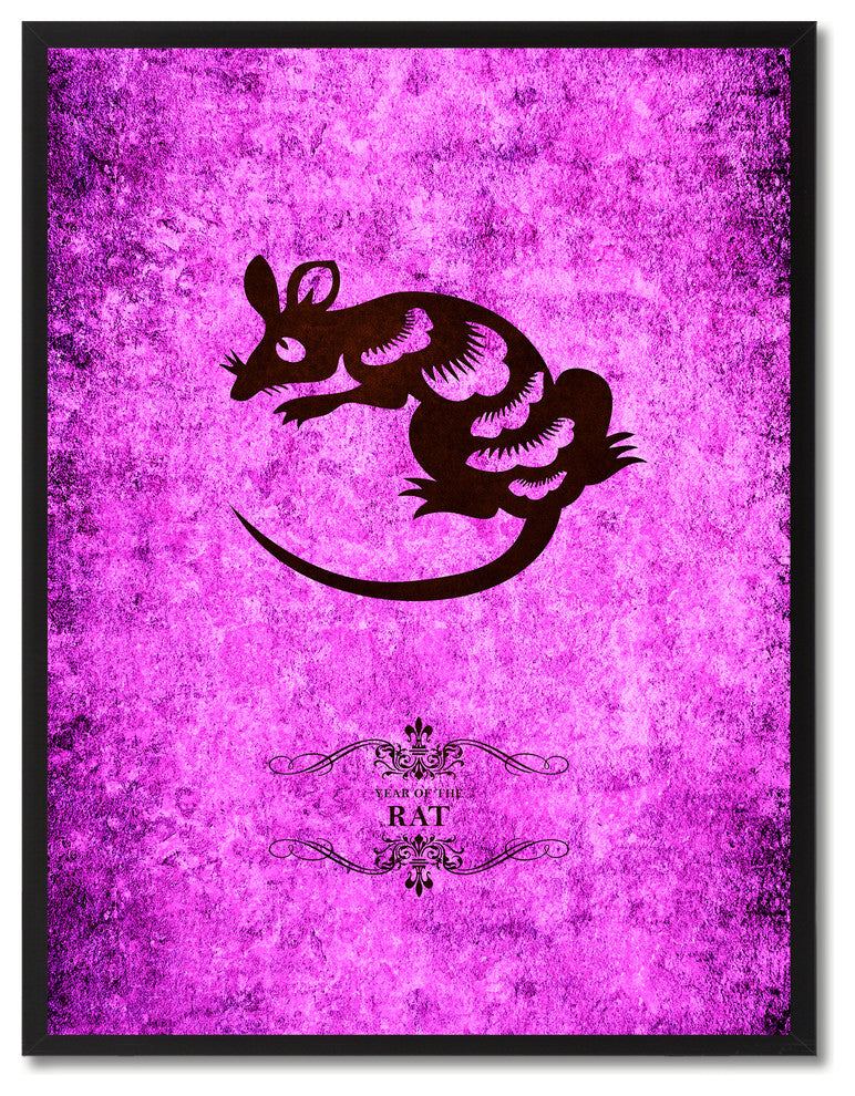 Rat Chinese Zodiac Purple Print on Canvas with Picture Frame, 13"x17"
