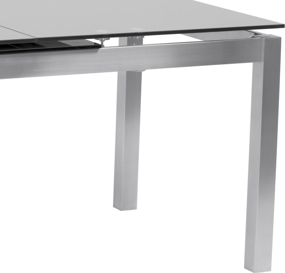 Ivan Extension Dining Table, Brushed Stainless Steel and Gray Tempered Glass Top