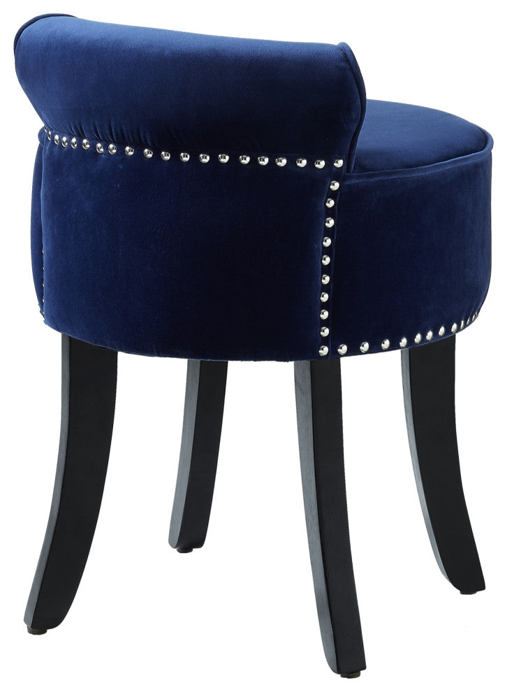 Ludovic Velvet Contemporary Nailhead Trim Rolled Back Vanity Stool, Navy