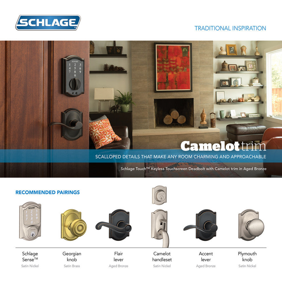 Schlage BE375-CAM Camelot Touch Keyless Electronic Deadbolt - Satin Chrome