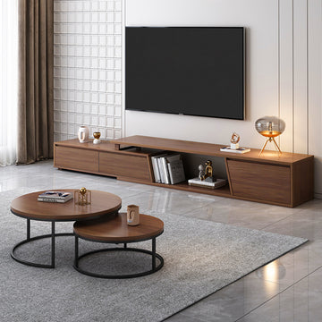 Fero Minimalist Walnut Rectangle Extendable TV Stand With 3 Drawers Up to 120", Walnut