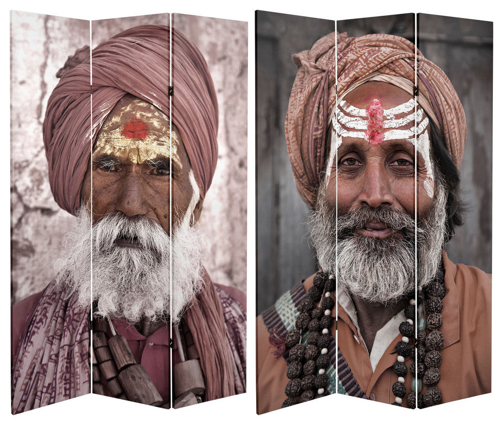 6' Tall Double Sided Hindu Sadhu Canvas Room Divider