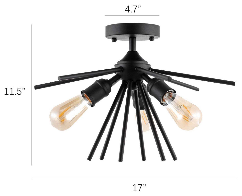 3-Light Sputnik Semi-Flush Mount Ceiling Light, Black