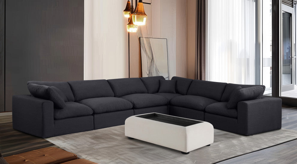 Comfy Upholstered L-Shaped Modular Sectional, Black, 6-Piece: 3 Armless Chair, 3 Corner Chair, Linen Textured Fabric