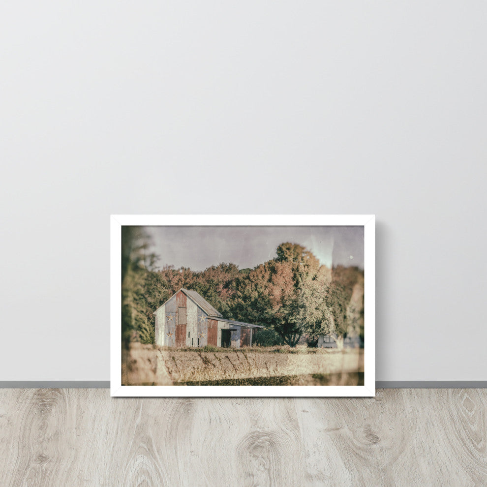 Patriotic Weathered Barn in Field Glass Plate Framed Photo Paper Wall Art Prints, White, 12" X 18"