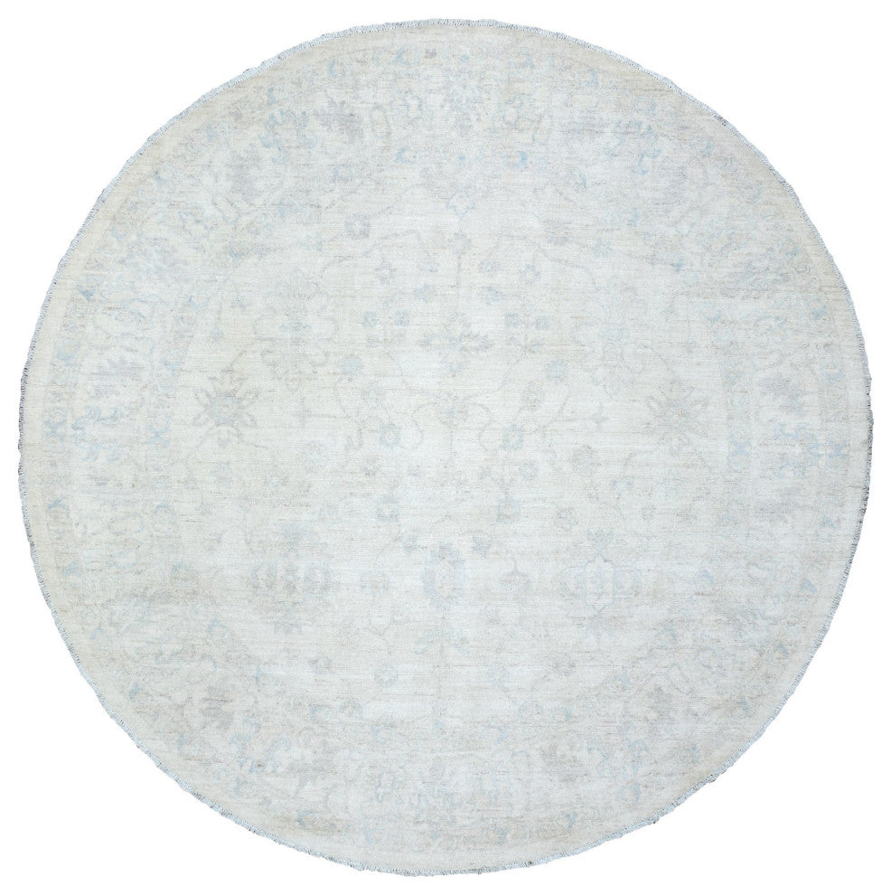 Ivory, White Wash Peshawar, Soft Wool Hand Knotted Round Rug, 7'10"x7'8"