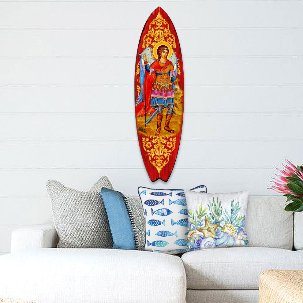 St. Michael Surfboard Coastal Door Art, Approximate Size: 24x7