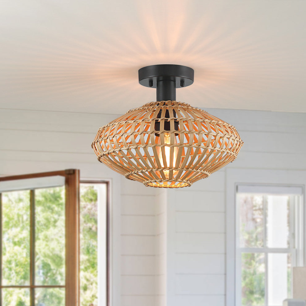 13" W 1-Light Eclectic Natural Rattan and Bamboo Semi-Flush Mount Ceiling Light