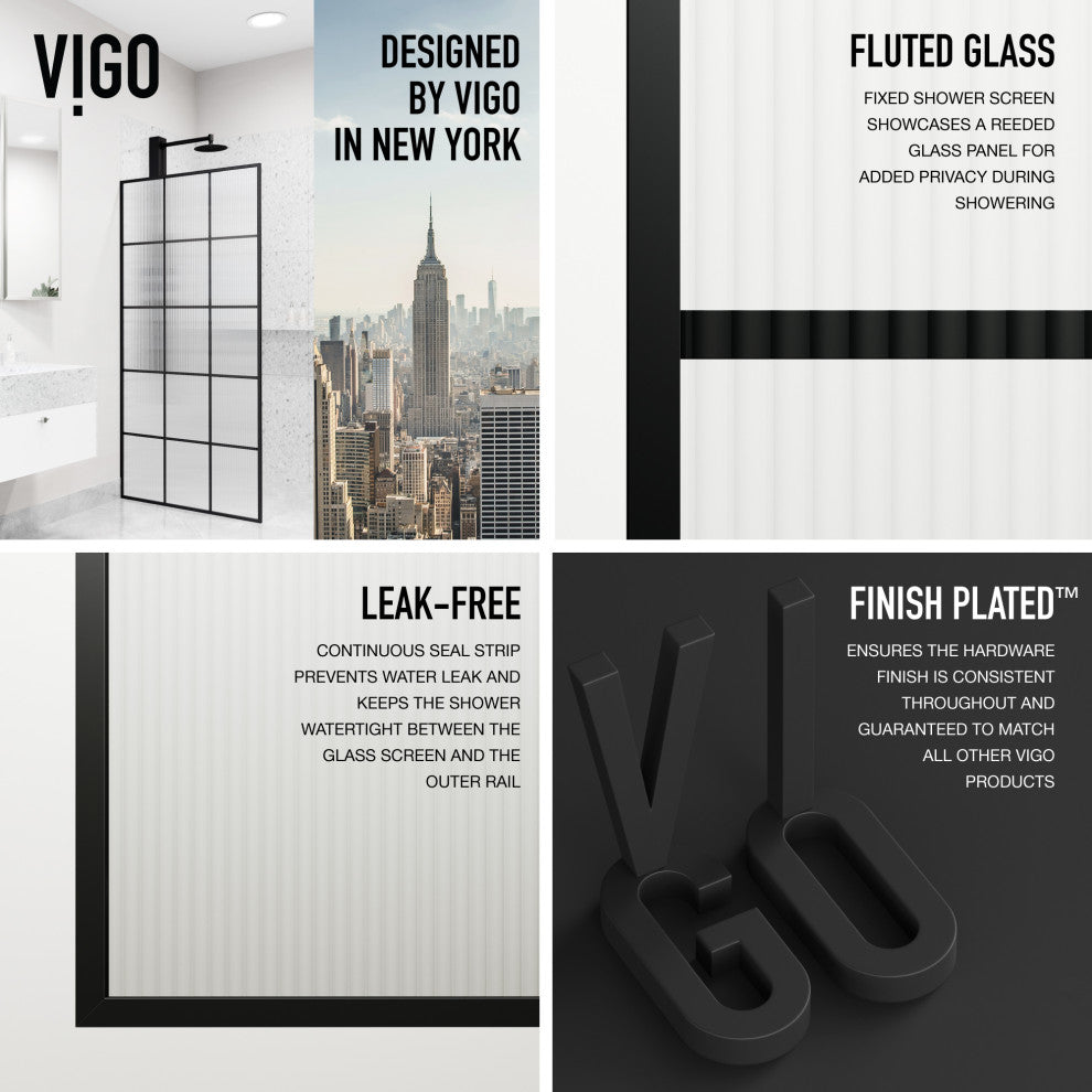VIGO Mosaic Framed Fixed, Matte Black, Shower Screen, 34" W X 74" H, Fluted Glass