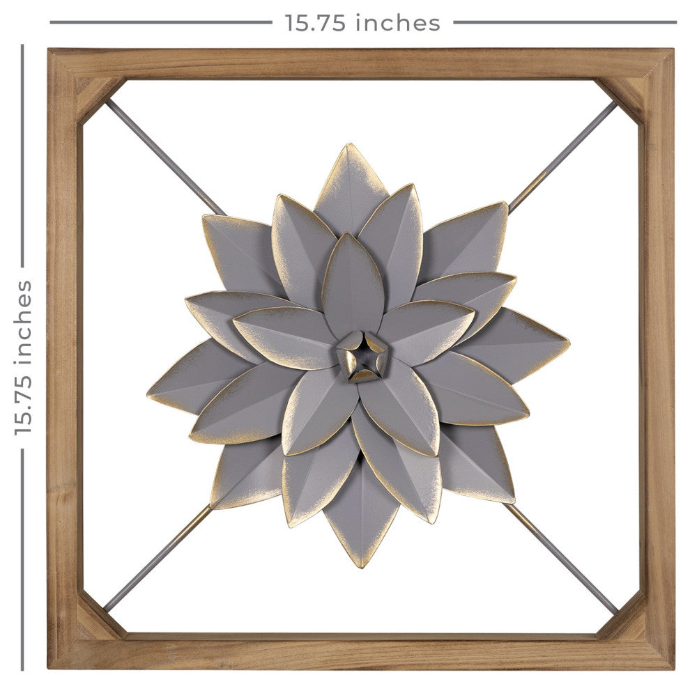 Wood Framed Gray Metal Flower Wall D"cor
