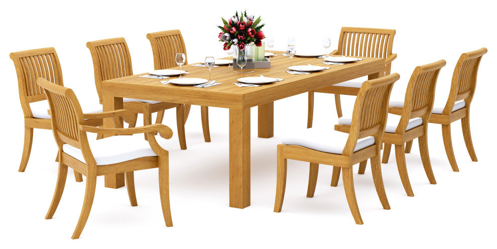 9-Piece Outdoor Teak Dining Set, 86" Rectangle Table, 8 Arbor Stacking Chairs