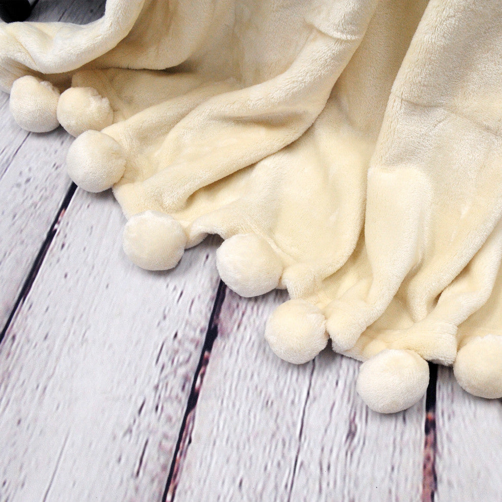 Pom Pom Flannel Fleece Throw Blanket, Antique White, 60" X 80"