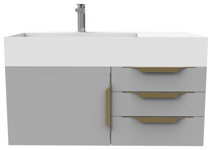 CastelloUSA Amazon 36" Wall Mount Vanity Set, Gray, White Top, Gold Handles