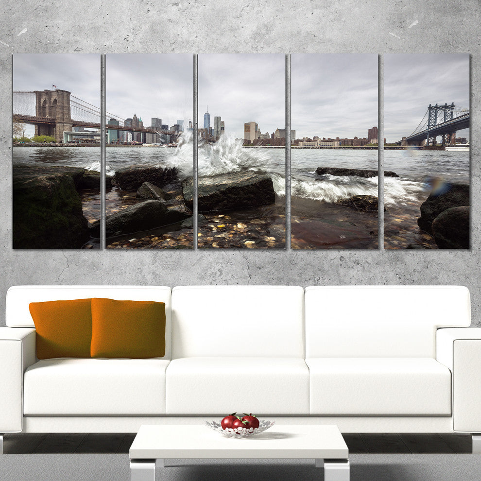 Skyline with Brooklyn Manhattan Bridges, Cityscape Canvas Art, 60"x28", 5 Panels