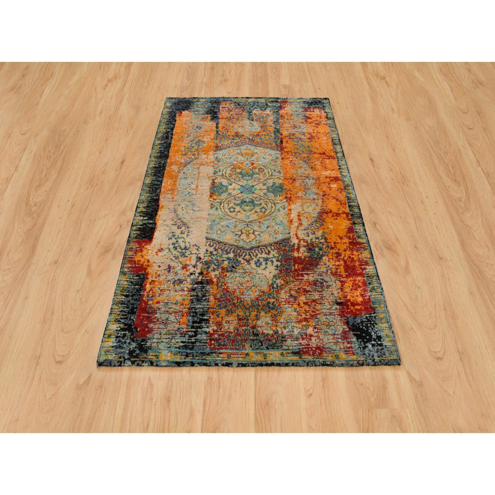 Orange Ancient Ottoman Erased Design Ghazni Wool Hand Knotted Rug 4'1"x6'