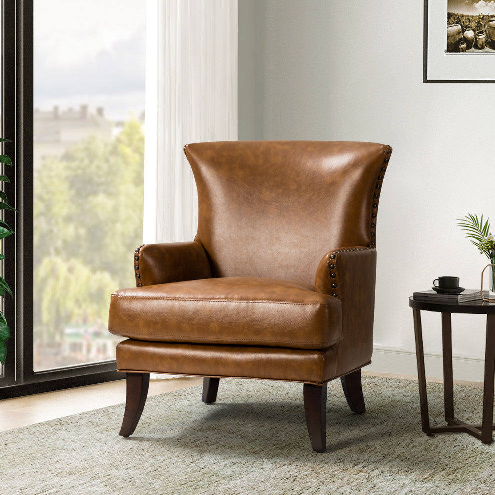 Classic Wooden Upholstered Leather Armchair, Camel