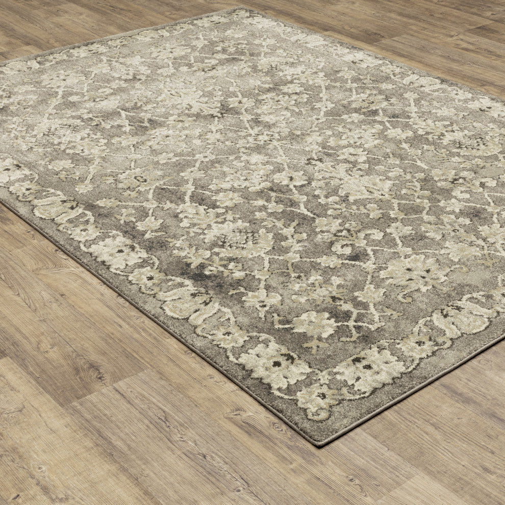 Fleming Distressed Floral Panel Grey and Beige Area Rug, 5'3"x7'6"