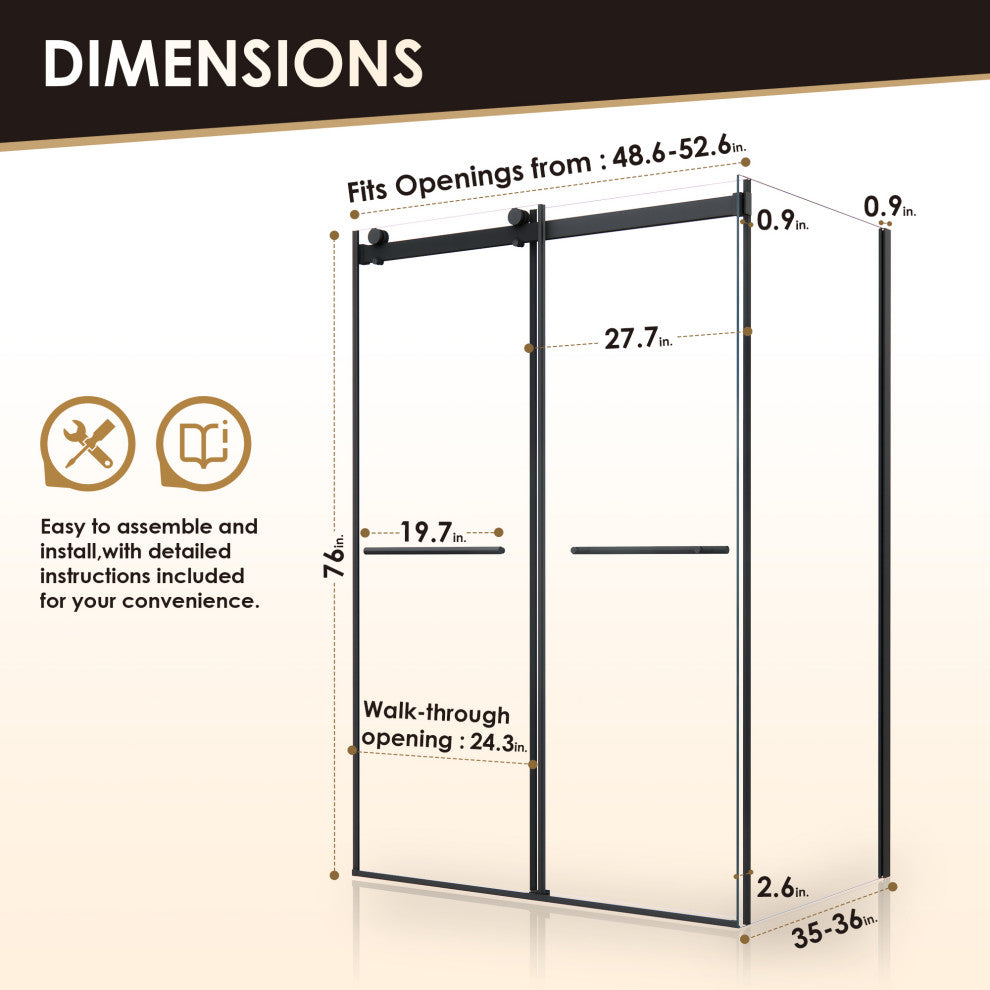 Frameless Exposed Roller Shower Enclosure, Matte Black, 52" W X 76" H