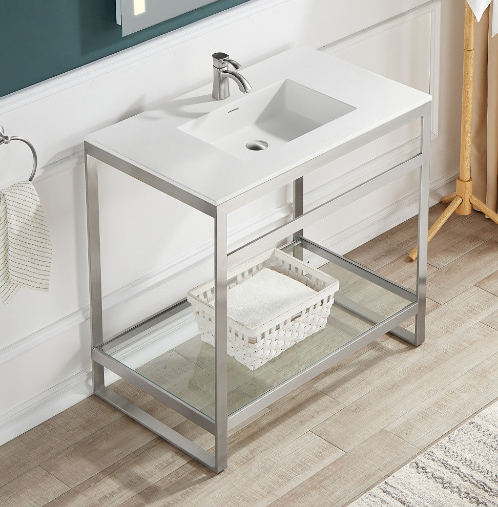 ANZZI Orchard 36" Console Sink With Glossy White Counter Top, Brushed Nickel