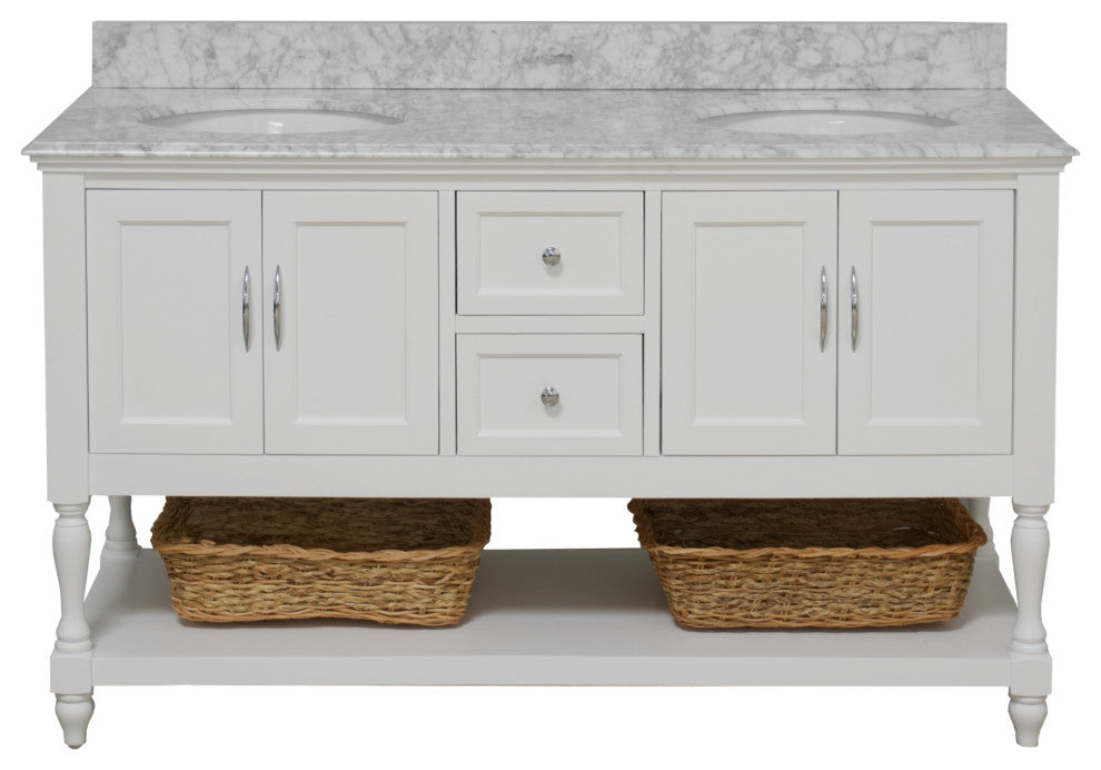 Beverly 60" Bath Vanity, White, Carrara Marble, Double Vanity
