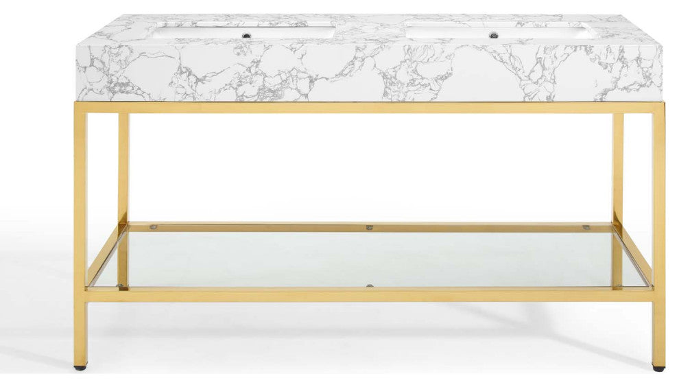 Sink Vanity Cabinet, Artificial Marble, Metal, Gold White, Modern, Bathroom