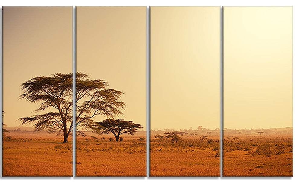 Trees in African Landscape, African Landscape Canvas Print, 48"x28", 4 Panels