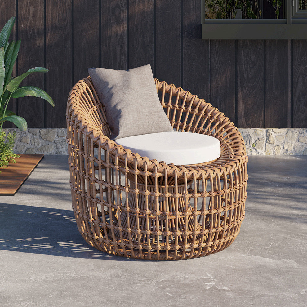 Austen Rattan Outdoor Barrel Chair Nest Shape Sidechair with Cushion in Brown