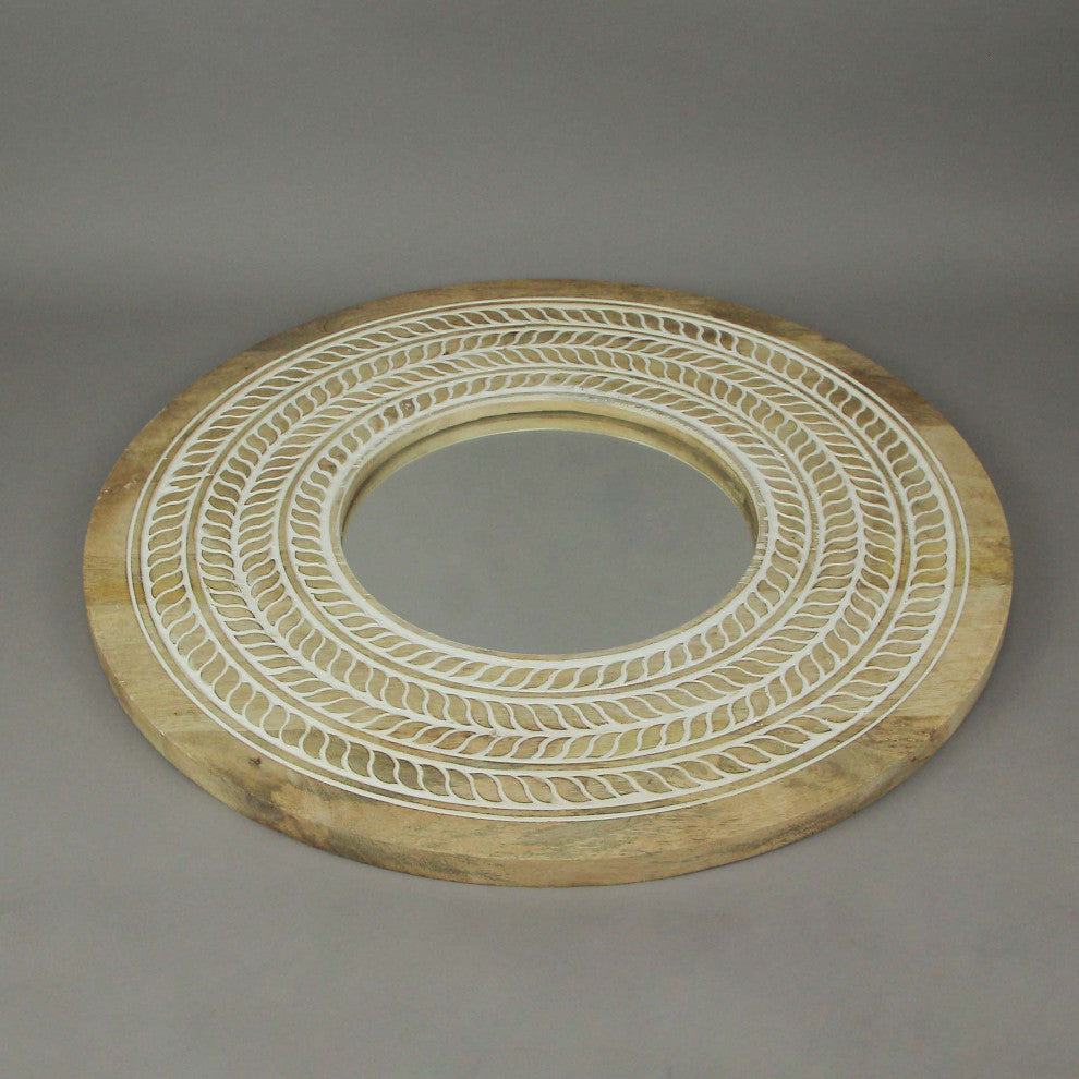 Carved Wooden Frame Round Wall Mirror 23.5 Inch Diameter Hand Painted Accents