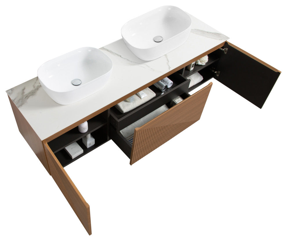 Simon Series Wall Mount Vanity With a Porcelain Vessel Sink, 72" Double