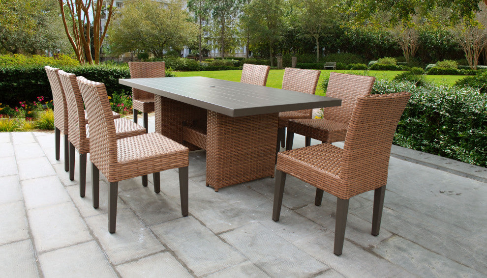 Laguna Rectangular Outdoor Patio Dining Table with 8 Armless Chairs Sail White