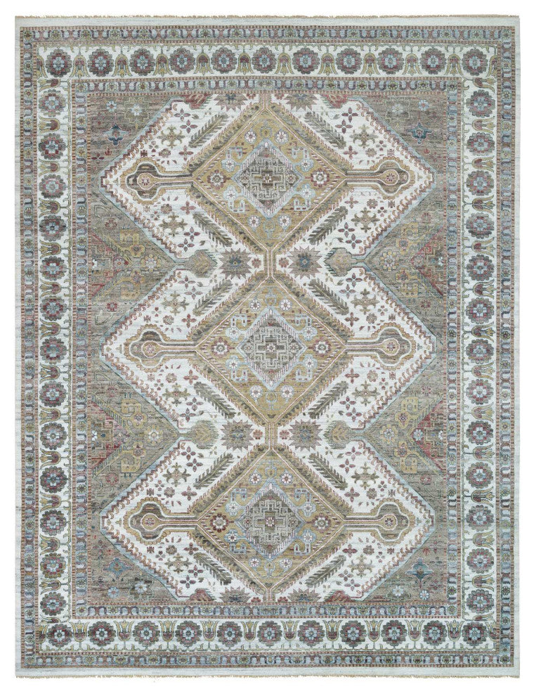 Pearl White Hand Knotted Unique Flower Rosettes Border Oversized Rug 13'8"x17'9"