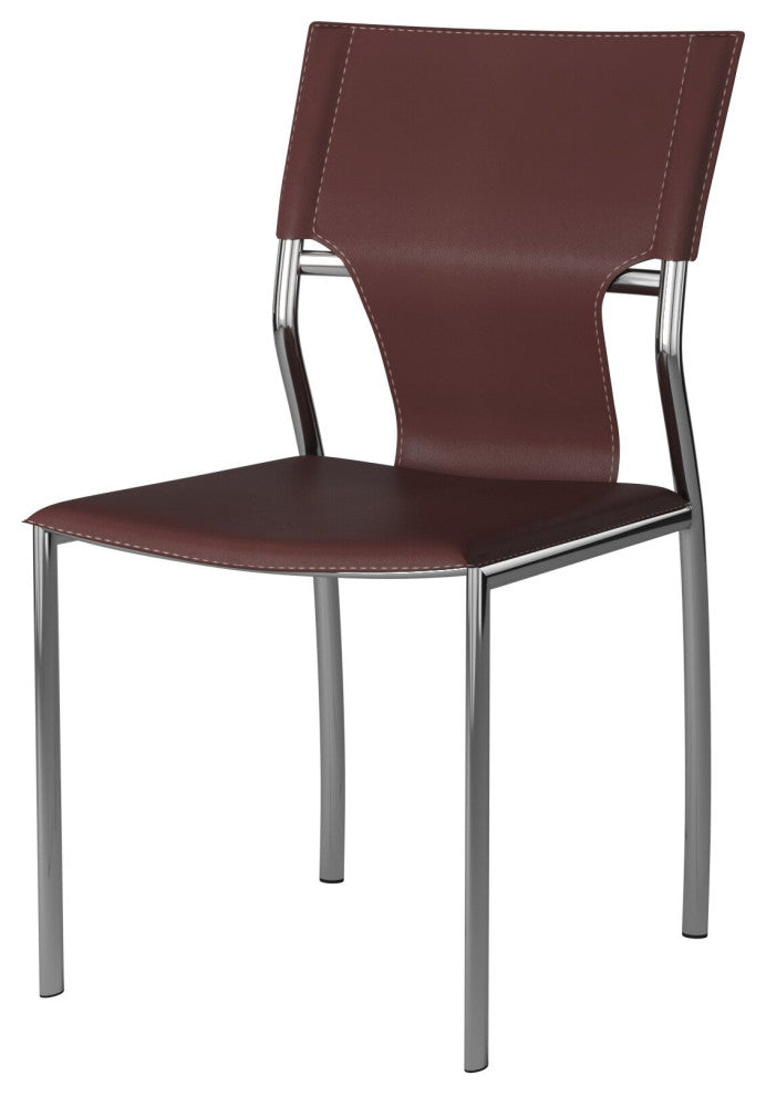Leather Dining Chair With Chrome Legs Set of 4, Dark Brown