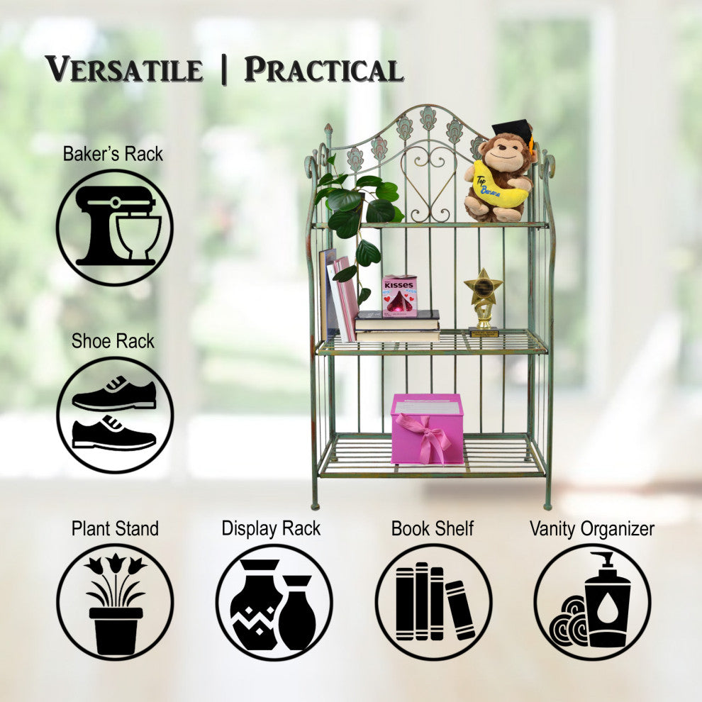 41" Folding Metal Shelf, Baker's Rack With Scrolling Heart and Peacock Tail Mot