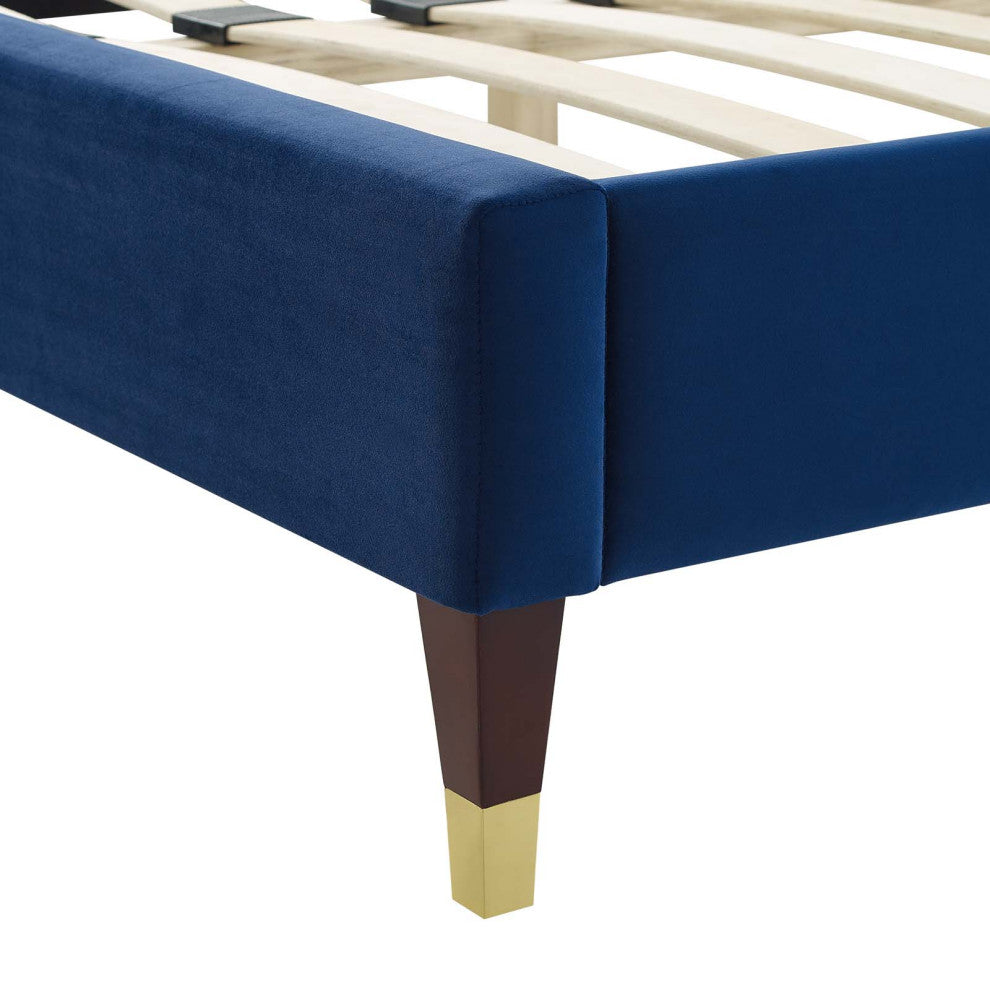Platform Bed Frame, King Size, Blue Navy, Velvet, Modern, Bedroom Guest Suite