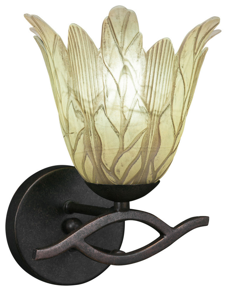 Revo Wall Sconce In Dark Granite, 7" Vanilla Leaf Glass
