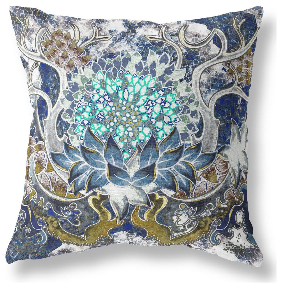 18" Blue White Flower Bloom Suede Throw Pillow